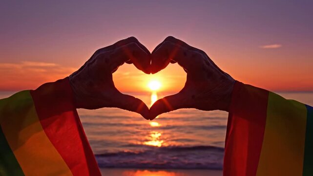Hands wrapped in rainbow pride flag forming heart shape against golden sunset over ocean