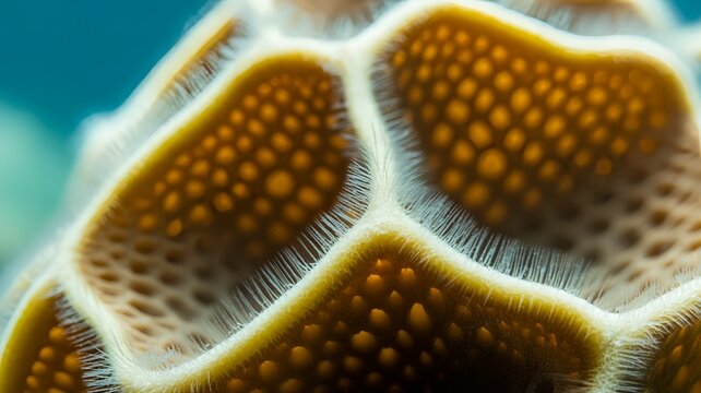Close up of Leucoselenia sponge osculum openings revealing intricate porous structures in a sharp macro underwater view, highlighting marine biology and scientific research.
