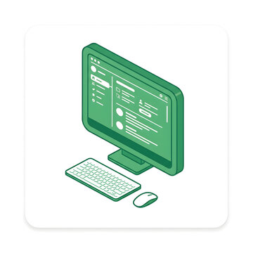 Green isometric computer screen keyboard and mouse with UI elements.