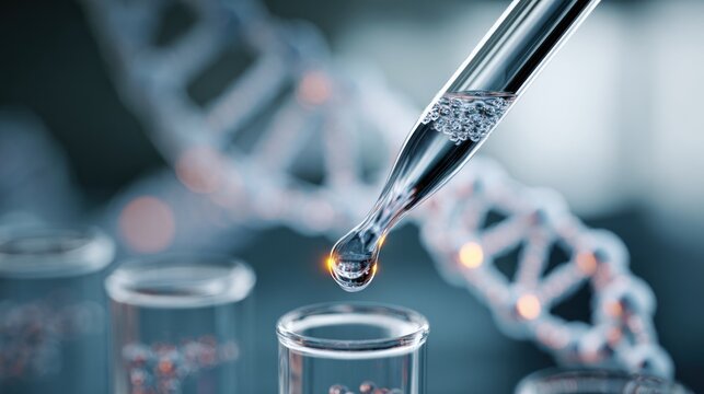 close-up of a pipette releasing liquid into a test tube with dna strand in the background
