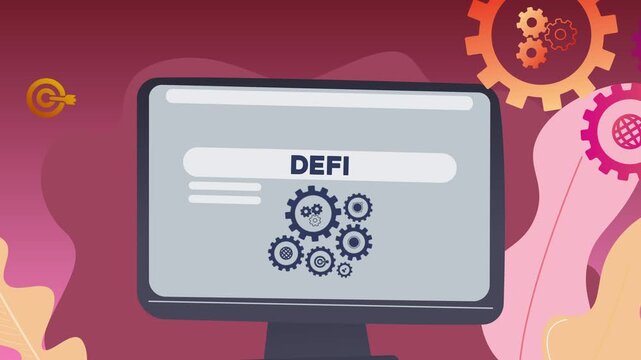 A computer screen displaying the text &ldquo;DEFI&rdquo; and illustrations of gears