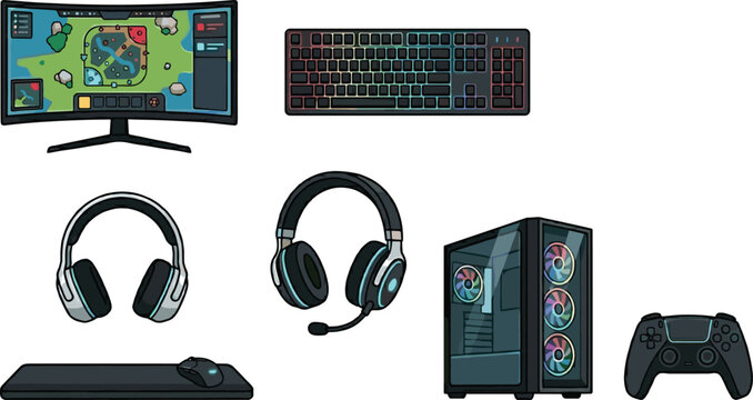 Flat vector gaming hardware icon set featuring curved monitor rgb mechanical keyboard headset pc tower chassis mouse pad controller isolated on white background