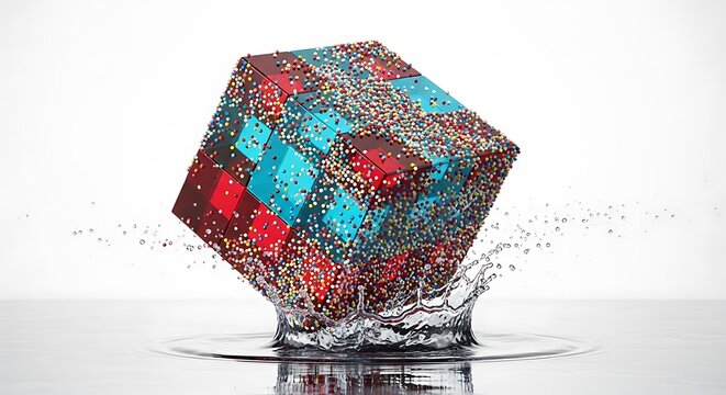 Colorful dodecahedron shape splashing into water with droplets, 3d geometric object