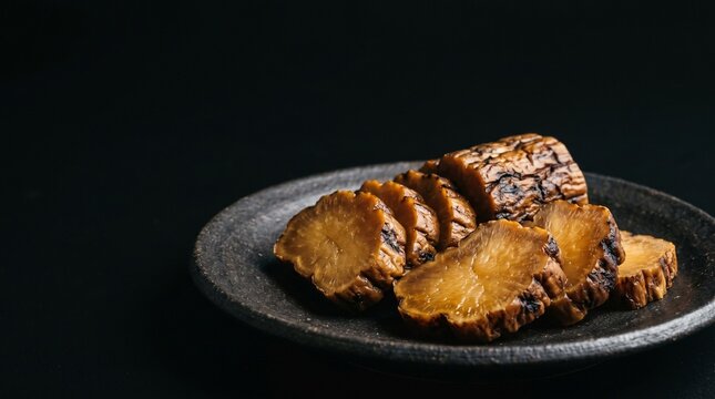 漆黒の背景に美しく際立つ日本の伝統食、いぶりがっこ。燻製（スモーク）が織りなす深い飴色の色彩と瑞々しい質感が、ドラマチックな陰影で格式高く映えるクローズアップポートレート