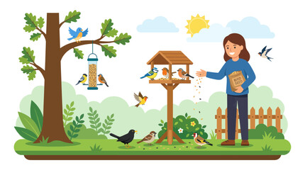 Woman feeding wild garden birds in a sunny backyard sanctuary © viera