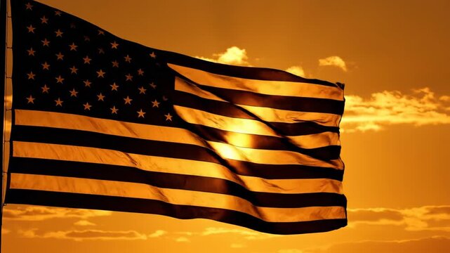 American flag waving against a vibrant sunset sky, showcasing the stars and stripes in a dynamic motion with warm orange and yellow hues illuminating the scene