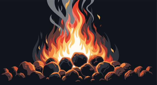 Burning campfire with bright orange and yellow flames glows against a dark black background in a pixel art illustration.