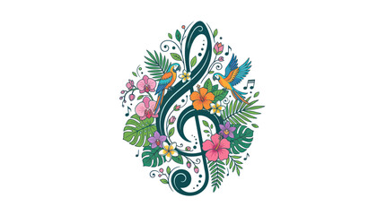 Treble clef with tropical parrots and exotic flowers © viera