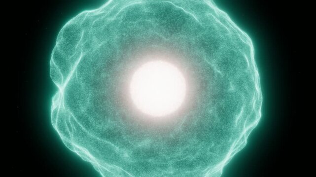Glowing cell divides in stunning 4K: chromosomes line up, spindle fibers pull them apart and the membrane splits, then 2-4-8-16-32 cells form a pulsing morula - mitosis like living fluorescent art.