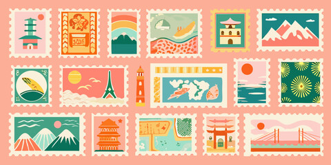 Collection Of Vintage Style Postage Stamps With Scenic Illustrations © prince
