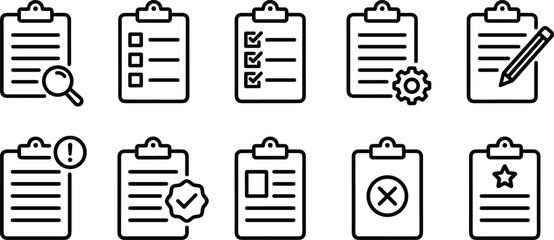 Clipboard checklist and document line icon set featuring tasks checkmark gear management magnifying glass pencil alert and star outline symbols © PUTUL
