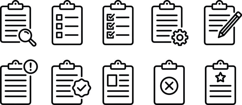 Clipboard checklist and document line icon set featuring tasks checkmark gear management magnifying glass pencil alert and star outline symbols