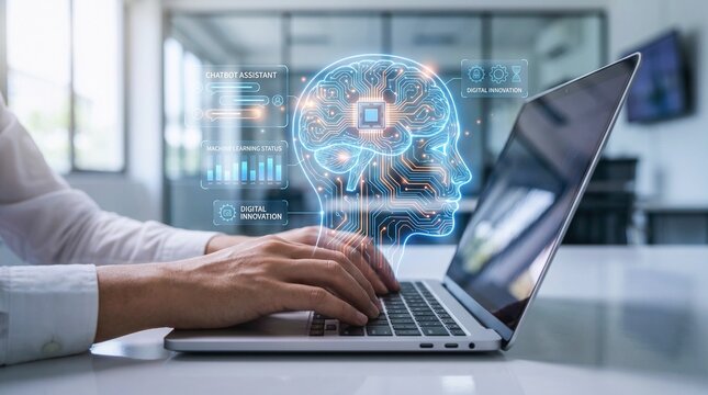 Businessman typing on laptop with glowing artificial intelligence brain hologram, machine learning and digital innovation concept
