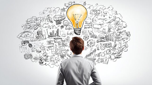 Man looking at a lightbulb and mind map of business ideas, innovation, and creativity