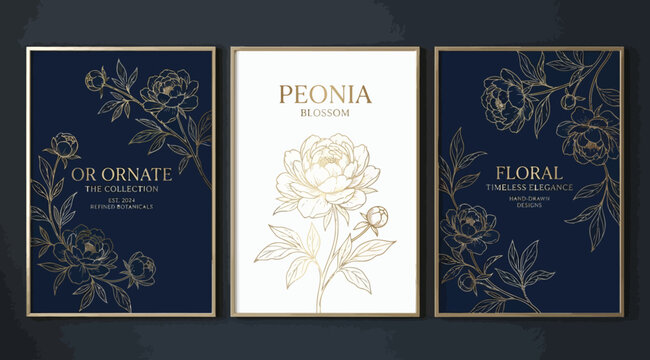 Set of three luxury floral wall art prints with gold line art peonies on navy blue and white backgrounds