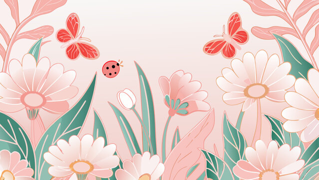 Floral ornament with butterflies and ladybug pastel vector illustration