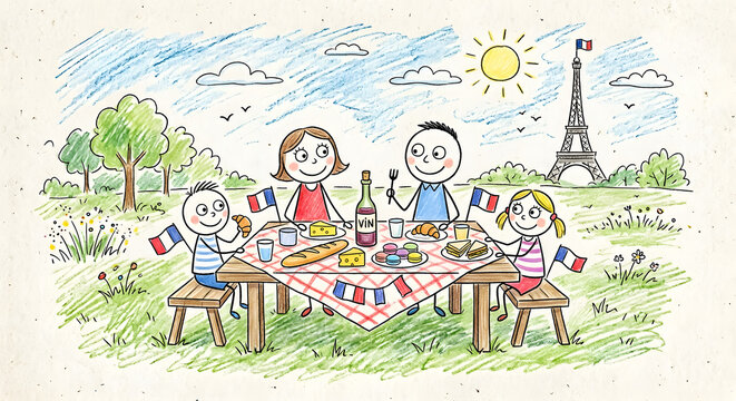 Childlike colored pencil drawing of French Bastille Day celebration, France national holiday on July 14, hand drawn cute illustration
