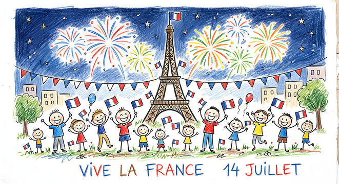 Childlike colored pencil drawing of French Bastille Day celebration, France national holiday on July 14, hand drawn cute illustration