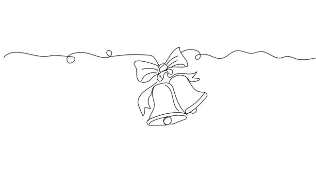 Single line drawing of two festive bells with red ribbon bow decoration.
