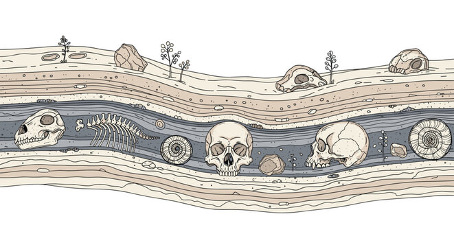 Detailed geological cross-section of soil layers reveals various ancient fossils including human skulls, dinosaur bones, and coiled ammonites.