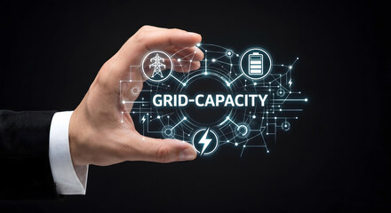 Obraz premium Grid capacity concept with businessman hand holding power icons and network.