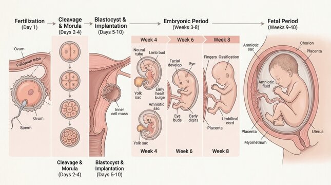Human fetal development stages from fertilization to birth illustration