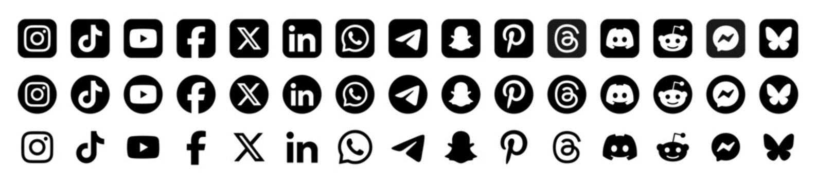 social media icon collection 2026. Instagram, Facebook, YouTube, X , Snapchat, WhatsApp, LinkedIn, Telegram, TikTok, Reddit, Threads, BlueSky, Discord.