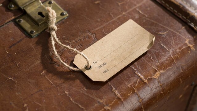 Vintage Luggage Tag on Brown Leather Suitcase Closeup