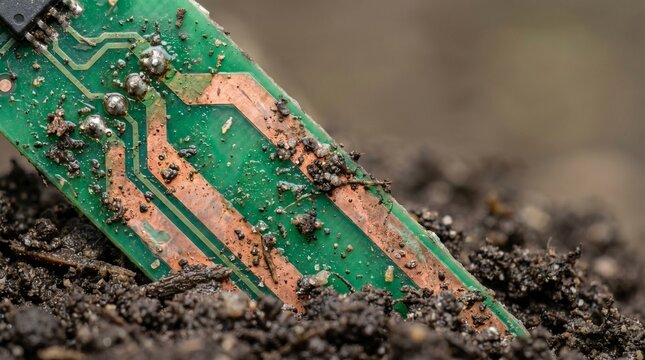 Creative Dirty green circuit board, electronic waste, copper tracks, discarded technology 2k