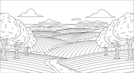 Obraz premium Simple black and white line art coloring page of a rural landscape with rolling hills trees clouds and a winding road for kids.