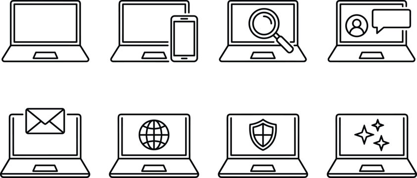 Laptop computer line icon set featuring web search mobile responsive profile chat email network shield and sparkle outline symbols