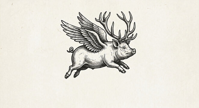 A black and white, vintage-style woodcut illustration of a mythical flying pig featuring large, feathered wings and a magnificent set of deer antlers, set against an off-white background.