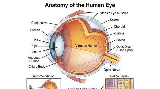 Educational diagram showing anatomy of the human eye illustration