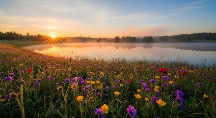 Naklejka premium Sunrise Over Wildflower Meadow and Serene Lake