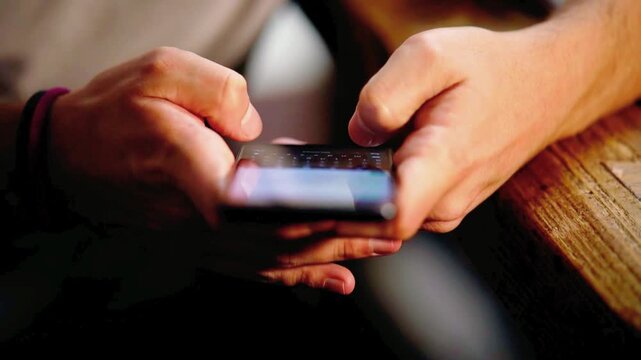 Person hands holding and operating a smartphone on wooden table