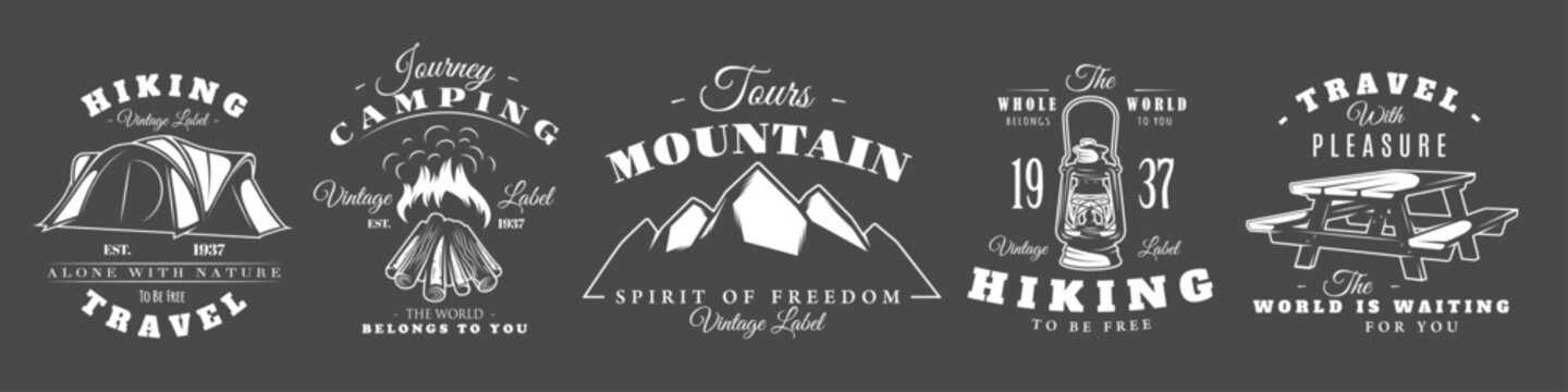Camping logo set includes a tent, campfire, mountains, lantern and picnic table. Perfect for hiking, outdoor adventure and camping lifestyle design. Vector illustration