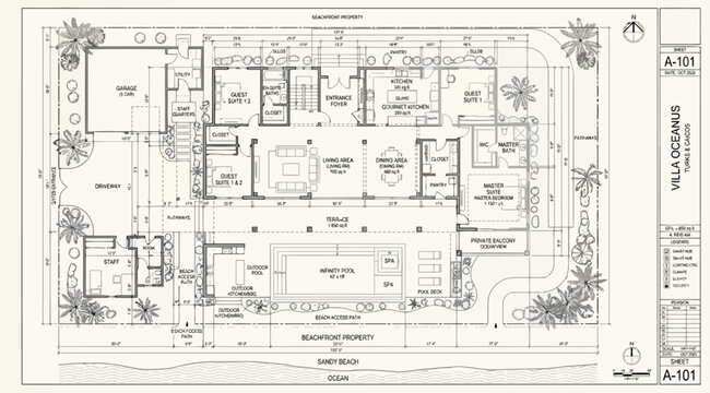 Detailed architectural floor plan for villa oceanus beachfront property