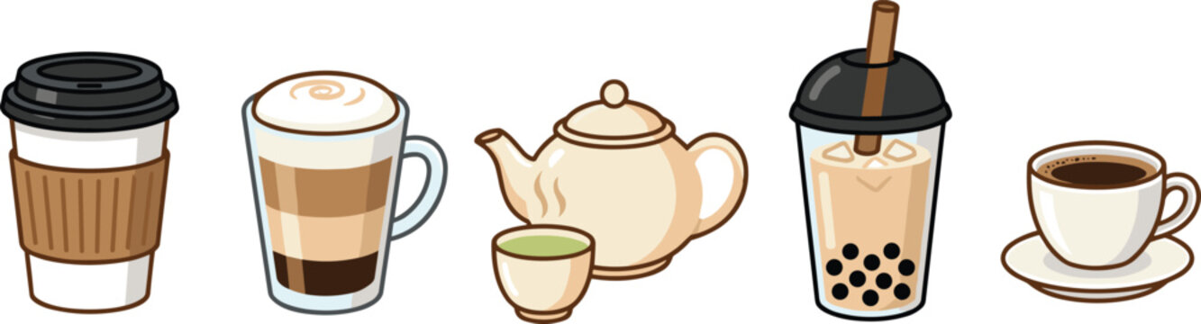 Flat vector coffee and tea beverage icon set featuring takeaway paper cup layered latte glass teapot boba bubble tea plastic cup espresso mug isolated on white background