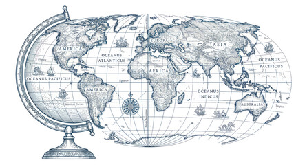 Antique world map globe with continents and nautical elements © Wagi