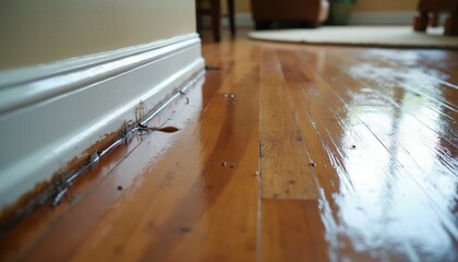 Obraz premium Standing water on polished hardwood floor near baseboard suggests water damage and a possible leak. This image illustrates issues in a home interior. Need for repair.