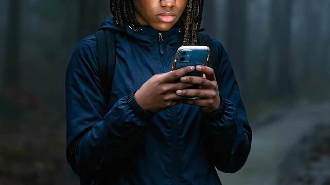 A woman operating her smartphone in a foggy forest.