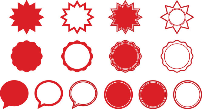 Collection of red promotional starburst badges scalloped circles and speech bubble sticker templates for retail sale and marketing offers