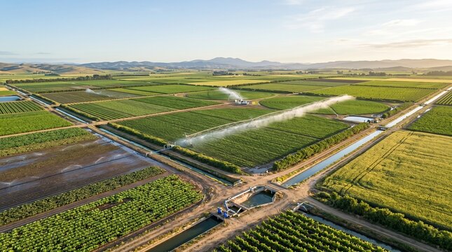 Aerial view of modern agricultural fields with pivot irrigation watering crops in a vast rural valley during golden hour.