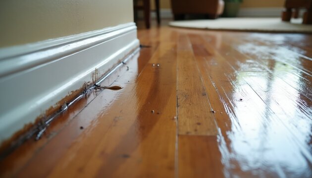 Standing water on polished hardwood floor near baseboard suggests water damage and a possible leak. This image illustrates issues in a home interior. Need for repair.