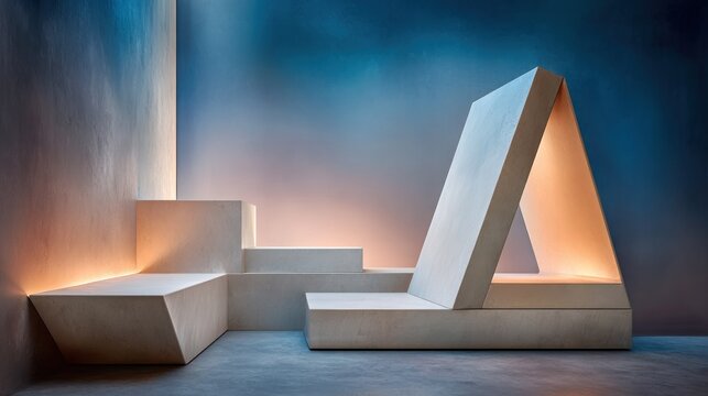 Minimalist concrete seating structure illuminated with warm indirect lighting against a blue gradient wall