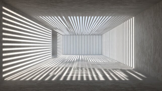 Interior architectural space displays dramatic parallel light and shadow patterns across textured walls and floor