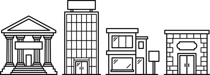 Obraz premium City building real estate line icon set featuring government courthouse bank skyscraper office tower retail shop storefront and residential brick houses
