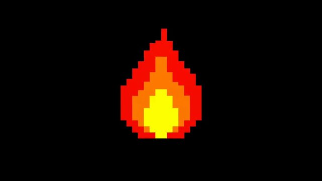Looping animation of pixel art flame flickering and pulsing centered on black background retro game sprite icon for digital interface