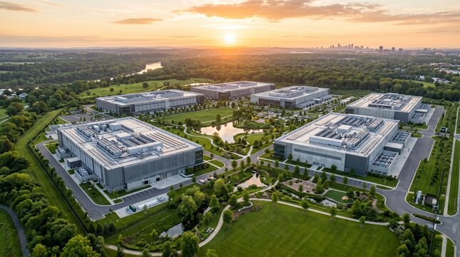 Aerial view of a modern data center complex at sunset near a city
