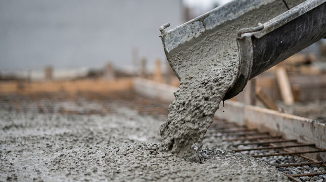 Fresh wet cement pouring from a heavy industrial chute onto a metal reinforced construction site